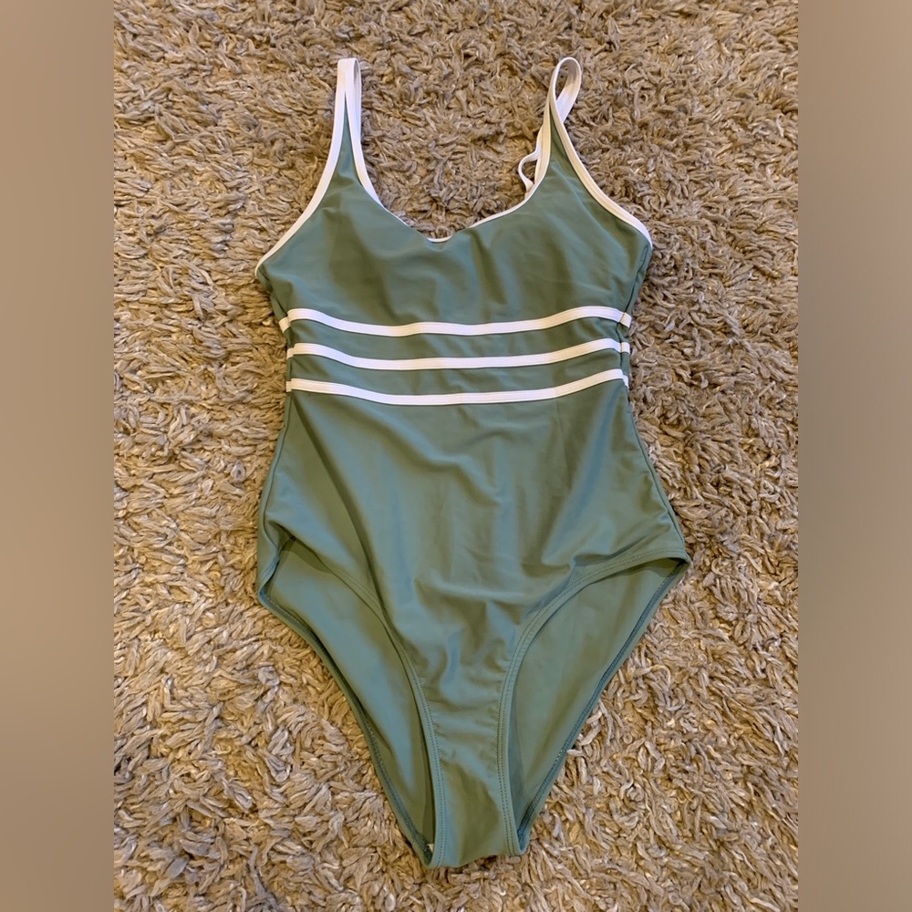 Green One-Piece Swimsuit with White Trim, size small